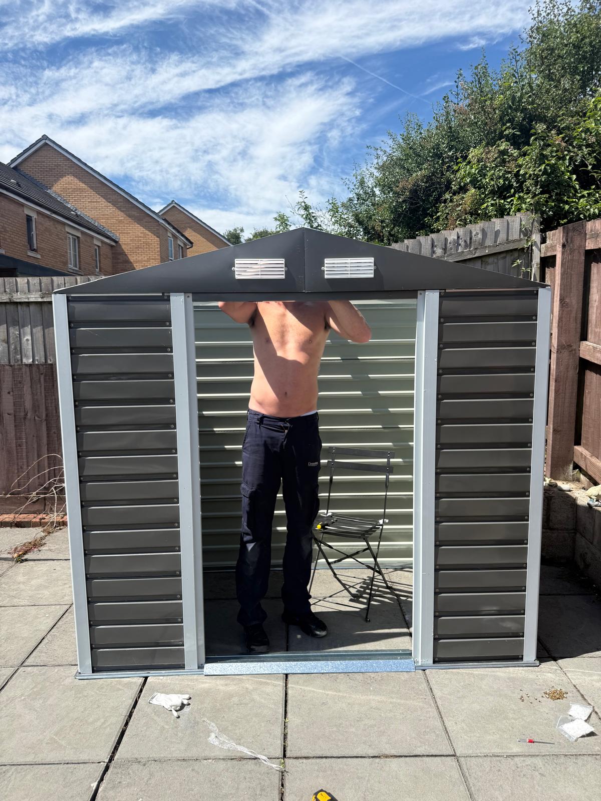 Metal garden shed build in Cardiff — roof apex & vents fitted
